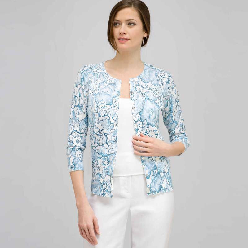 3/4 Sleeve Button Front Crew Neck Cardigan., , large