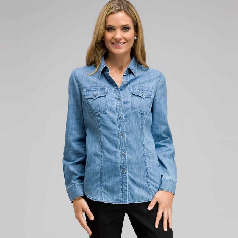 Long Sleeve Denim Button Down, , large